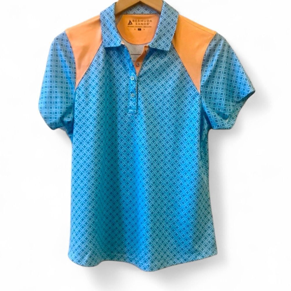 Bermuda Sands Golf Polo Women’s Sz Medium Blue Floral Pattern Orange Collar